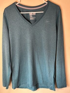 Nike Women's Teal V-Neck Dri-FIT Long Sleeve Top - Large P2P 21” Length 28”